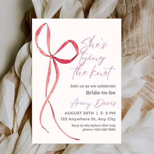 koragarro pink minimalist bridal shower invitation she's tying the knot bride-to-be party events pink bow bridal shower ideas Let's go girls editable canva template printable instant download digital evites