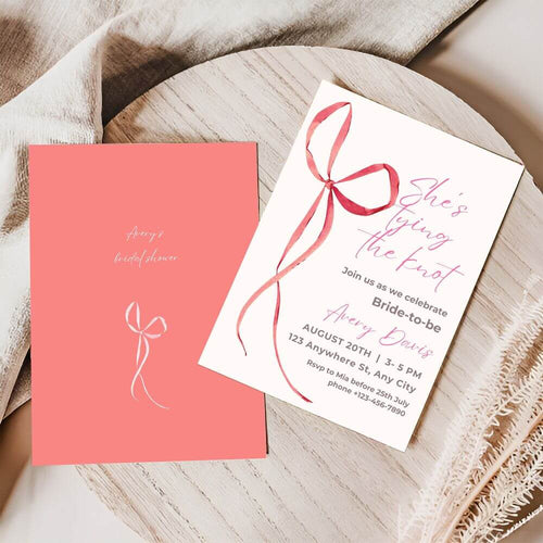 koragarro pink minimalist bridal shower invitation she's tying the knot bride-to-be party events pink bow bridal shower ideas Let's go girls editable canva template printable instant download digital evites