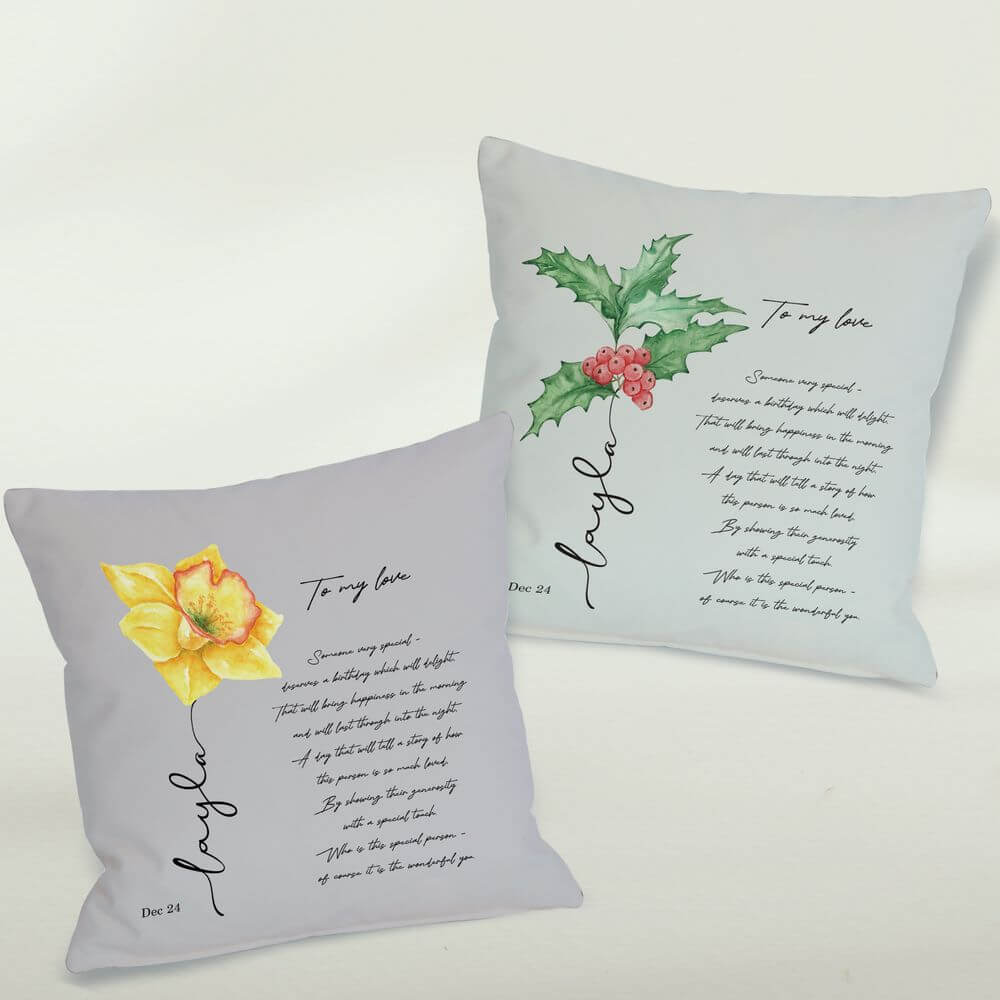 December Birth Flower Cushion, Holly & Narcissus