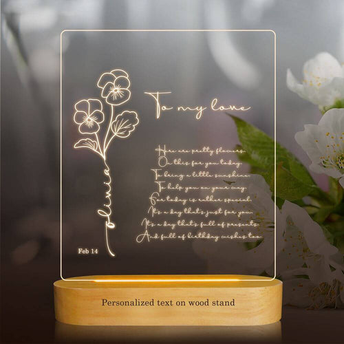 koragarro Feb birth flower, iris, violet, personalized table lamp, LED night light, wooden stand