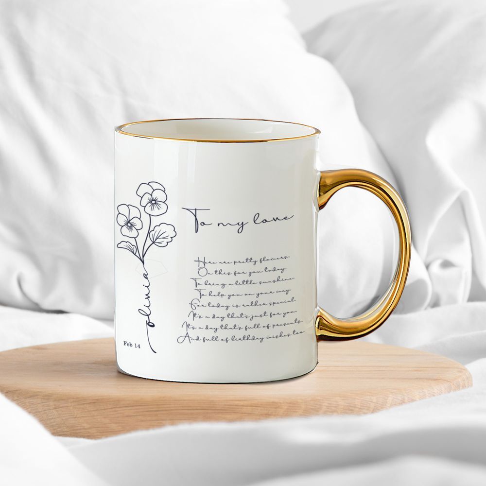 koragarro Feb Birth Flower, Violet, Iris, Family Name Sign, Personalized mothers day gift from daughter, custom mug