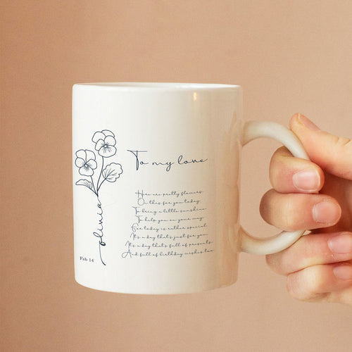 koragarro Feb Birth Flower, Violet, Iris, Family Name Sign, Personalized mothers day gift from daughter, custom mug