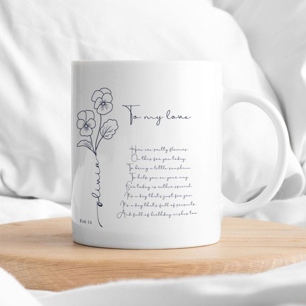 koragarro Feb Birth Flower, Violet, Iris, Family Name Sign, Personalized mothers day gift from daughter, custom mug