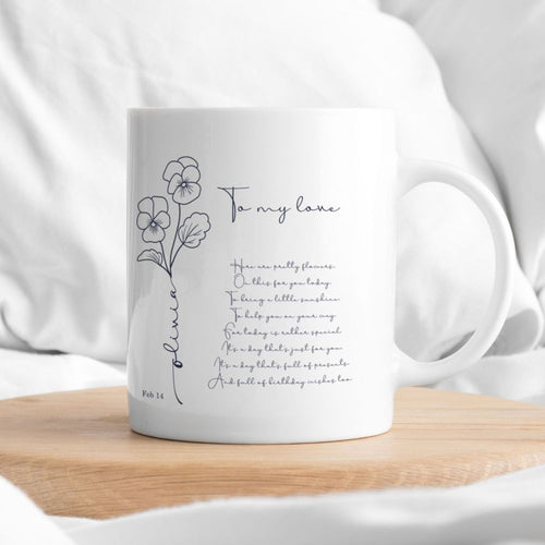 koragarro Feb Birth Flower, Violet, Iris, Family Name Sign, Personalized mothers day gift from daughter, custom mug