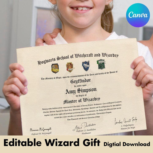 Hogwarts graduation diploma editable canva template, wizard and witches, party invitation template, harry potter theme party, school of magic, personalized party invitation, party favor, wizard wall decor, digital download