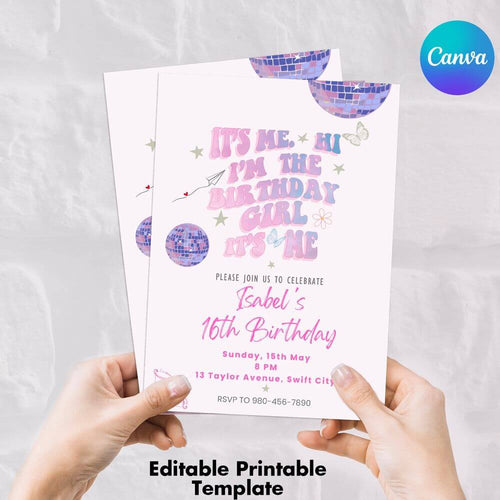 koragrro taylor swiftie birthday invitation, editable canva template,Birthday Invitation, Disco Party, Swifty Party, It's Me Hi, Era Birthday,  template, swiftie  gift, Taylors Version, Pop Music, Taylor Swiftie Merch
