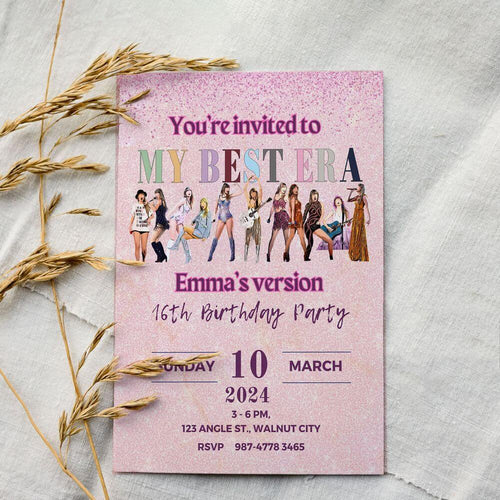 Koragarro Editable My Best Era Birthday invitation canva template,Taylor Swift Eras Tour, Swiftie Birthday, Party Invitation, Printable party tempalte, sweet 16,  send a cake, birthday cards, happy birthday, 21st birthday ideas, little swiftie party invites, Tayor Swift Merch, Taylor's version, Printable invitation template