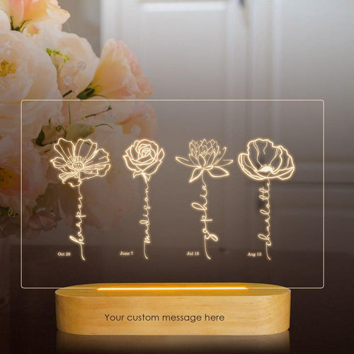 koragarro table lamp-custom named birth month flower led lamp-wooden stand-birthday gift