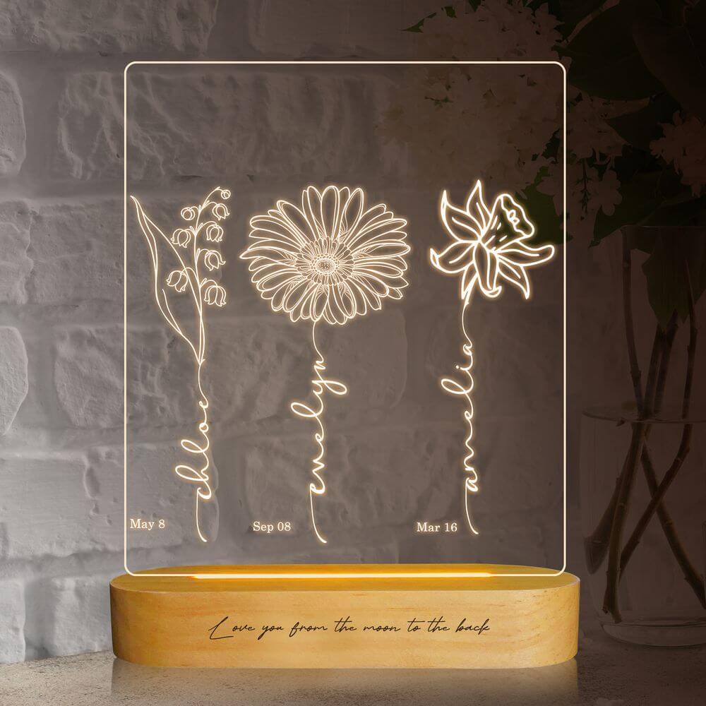 koragarro table lamp-custom named birth month flower led lamp-wooden stand-birthday gift