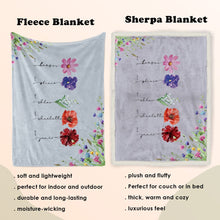 Load image into Gallery viewer, koragarro named birth flower throw blanket- personalized family sign