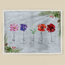 Load image into Gallery viewer, koragarro named birth flower sherpa blanket- personalized family sign