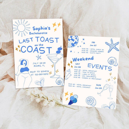 koragarro beach bachelorette invitation coastial theme bride-to-be party events last toast summer bridal shower  ideas editable canva template printable thank you card buy the bride a drink instant download digital evites