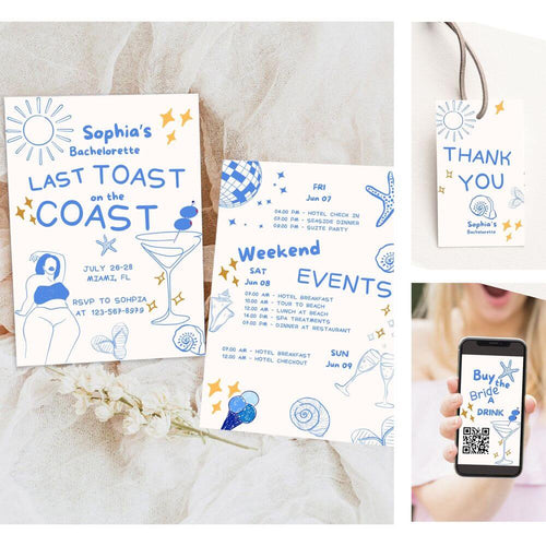 koragarro beach bachelorette invitation coastial theme bride-to-be party events last toast summer bridal shower ideas editable canva template printable thank you card buy the bride a drink instant download digital evites