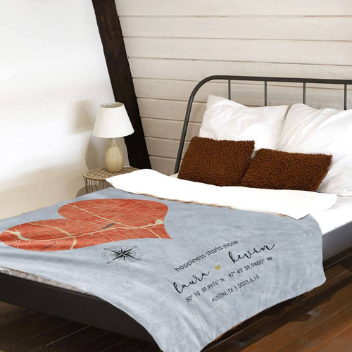 koragrro personalized throw blanket, any city map, where all begins, date time location, 2nd anniversary cotton git, fleece sherpa blanket