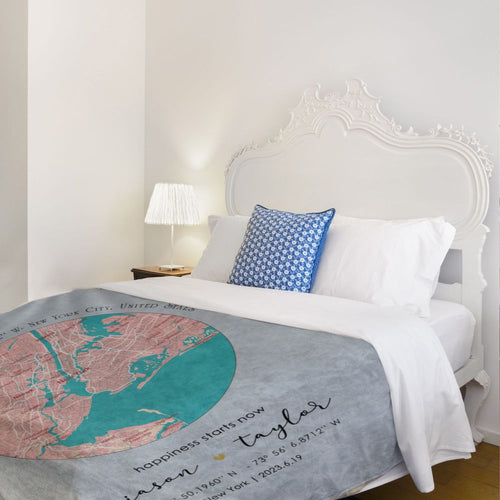 koragrro personalized throw blanket, any city map, happiness starts now, date time location, 2nd anniversary cotton git, fleece sherpa blanket