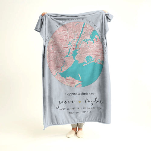 koragrro personalized throw blanket, any city map, happiness starts now, date time location, 2nd anniversary cotton git, fleece sherpa blanket