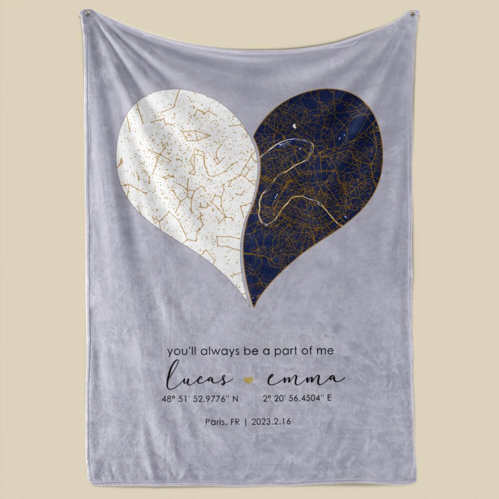 koragarro constellation blanket, city map personalized blanket, heart shape, night sky map, anniversary gift, fleece