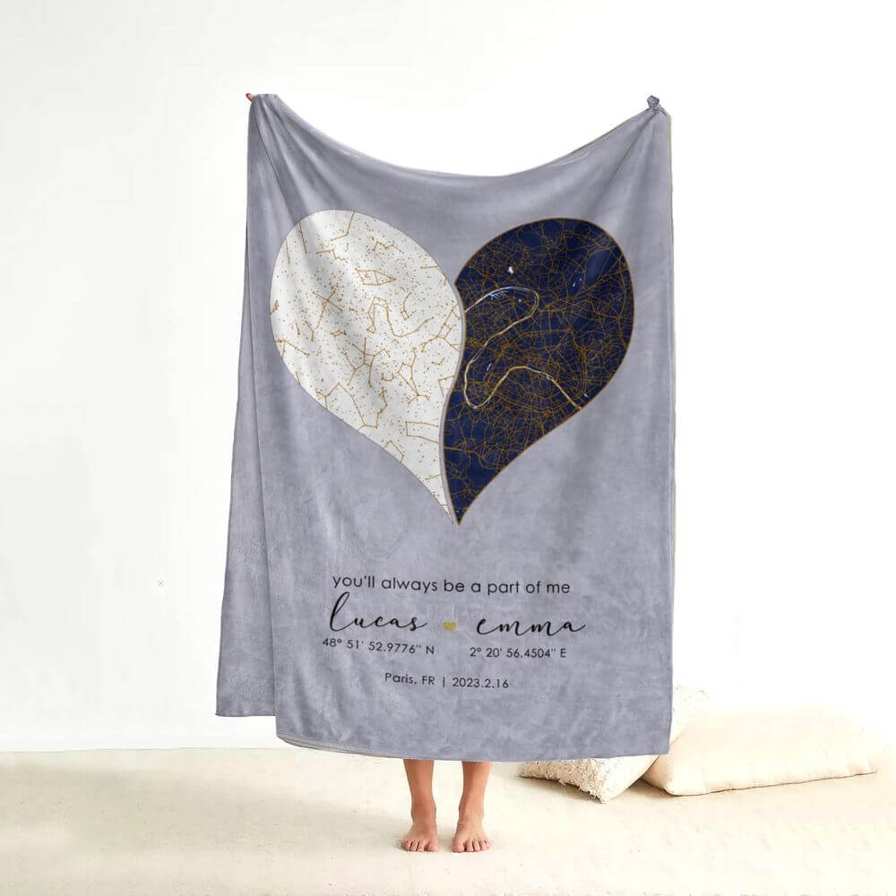 koragarro constellation blanket, city map personalized blanket, heart shape, night sky map, 2nd year - cotton, anniversary gift