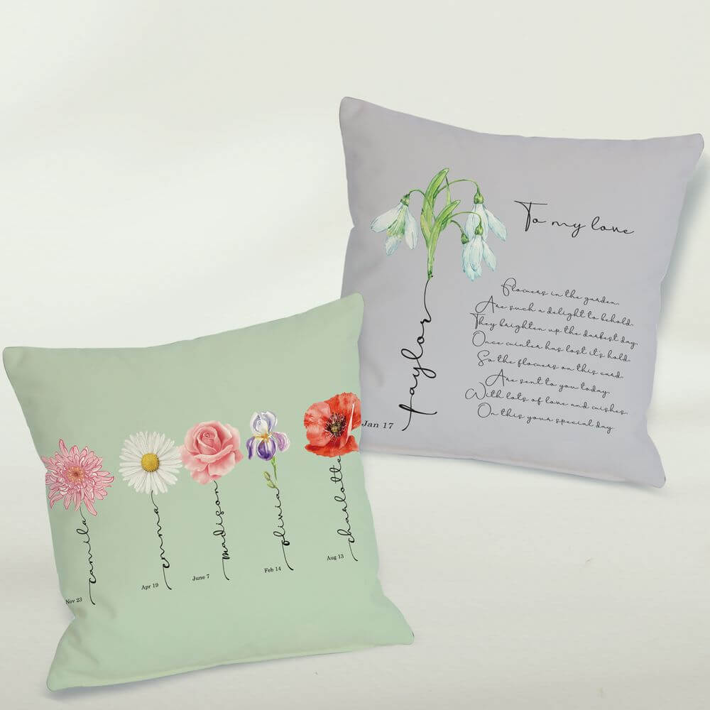koragarro- family name sign- birth month named flower personalized cushion
