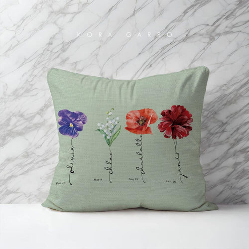koragarro- family name sign- birth month named flower personalized cushion