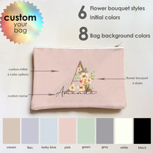 Load image into Gallery viewer, koragarro personalized makup bag, cosmetic bag, travel case, coin purse,Name monogram, personalized initial, family name sign, floral name design, wildflowers, spring summer flowers, poppy, Eucalyptus, watercolor, personalized gift, wreath monogram svg, wedding gift, bridal shower gift, gift for mom sister, best friend, koragarro gifts