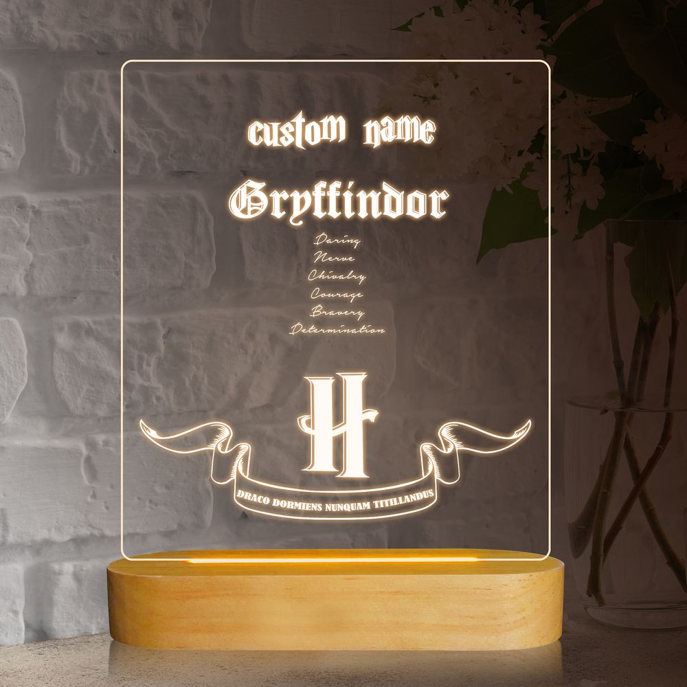 koragarro-hogwarts schools custom table lamp, Gryffindor-Slytherin-Hufflepuff-Ravenclaw, Acrylic, Led USB besides table light, wooden stand, Potterhead gift
