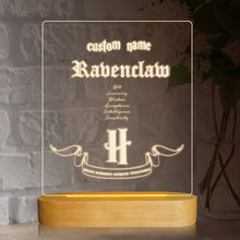 Load image into Gallery viewer, koragarro-hogwarts schools custom table lamp, Gryffindor-Slytherin-Hufflepuff-Ravenclaw, Acrylic, Led USB besides table light, wooden stand, Potterhead gift