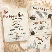Load image into Gallery viewer, Koragarro Hogwarts Baby invitation editable canva templates suite, magic bundle on the way, personalized wizard babyshower invitation, new born party invitation template, harry potter theme babyshower, little wizard, digital download, printable baby shower tempalte, books for baby, diaper raffle, thank you card