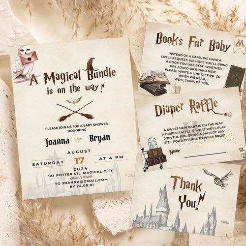 Koragarro Hogwarts Baby invitation editable canva templates suite, magic bundle on the way, personalized wizard babyshower invitation, new born party invitation template, harry potter theme babyshower, little wizard, digital download, printable baby shower tempalte, books for baby, diaper raffle, thank you card
