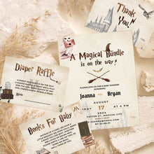 Load image into Gallery viewer, Koragarro Hogwarts Baby invitation editable canva templates suite, magic bundle on the way, personalized wizard babyshower invitation, new born party invitation template, harry potter theme babyshower, little wizard, digital download, printable baby shower tempalte, books for baby, diaper raffle, thank you card