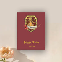 Load image into Gallery viewer, koaragarro hogwarts school personalized memory book, Gryffindor, Slytherin, Ravenclaw, Hufflepuff, named personal journal, custom guest book, potterhead gift