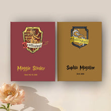 Load image into Gallery viewer, koaragarro hogwarts school personalized memory book, Gryffindor, Slytherin, Ravenclaw, Hufflepuff, named personal journal, custom guest book, potterhead gift