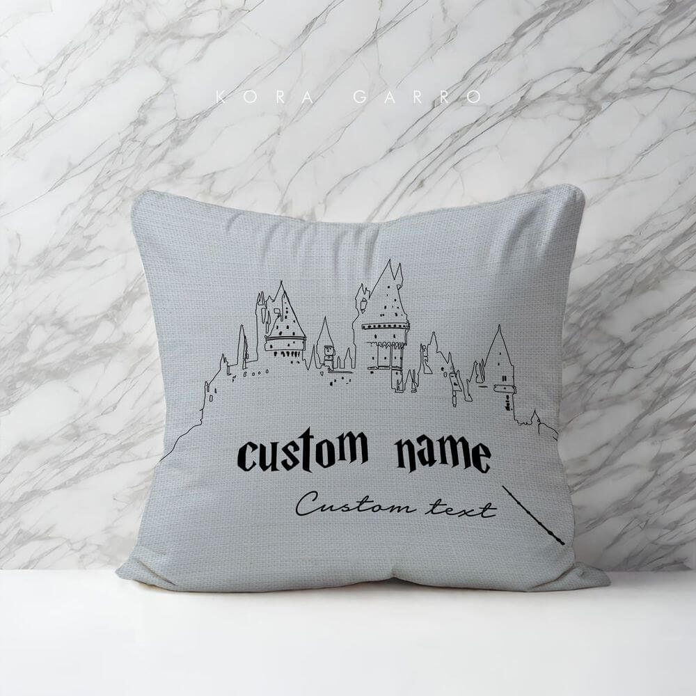 koragarro Harry Potter custom cushion, pillow case, Hogwarts castle, Wizard wand, custom name, spells, Potterhead gift, blue