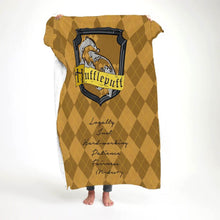Load image into Gallery viewer, koragarro Hufflepuff personalized throw blanket, arry potter decorations,  home décor, hogwarts schools, custom throw blanket, potterhead gift, red gold pattern, fleece and sherpa blanket, Christmas gift to HP fans