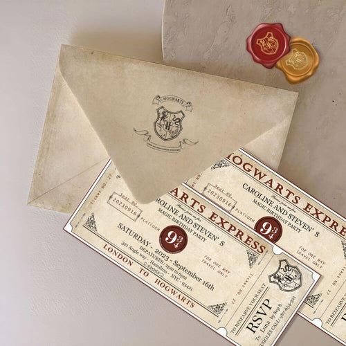 Hogwarts invitation editable canva templates suite, wizard and witches, magic school envelope express ticket, acceptance letter, party invitation template, potter theme party, school of magic, personalized party invitation, party favor, wizard wall gift set, digital download