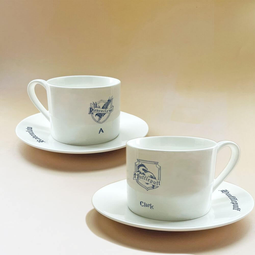 koragarro hogwarts houses personalized coffee mug saucer set, harry potter tea cup saucer, ceramic drinkware, Gryffindor, Slytherin, Ravenclaw, Hufflepuff, potterhead gift