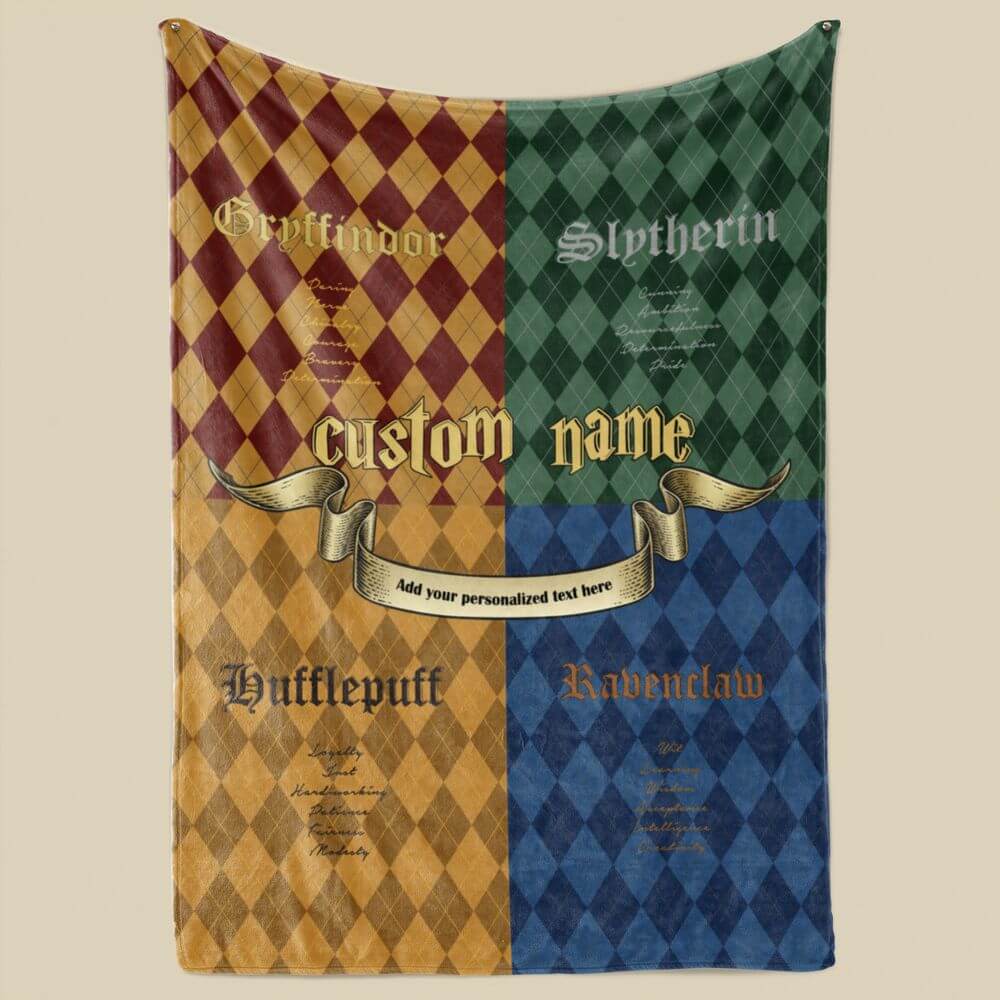 koragarro-hogwarts schools custom throw blanket, hogwarts,Gryffindor-Slytherin-Hufflepuff-Ravenclaw, fleece sherpa blanket,Potterhead gift, red, green, yellow and blue