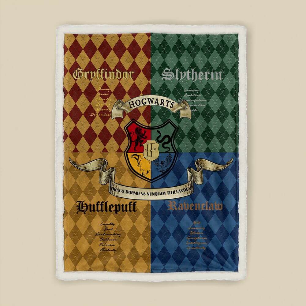 koragarro-hogwarts schools custom throw blanket, hogwarts,Gryffindor-Slytherin-Hufflepuff-Ravenclaw, fleece sherpa blanket,Potterhead gift, red, green, yellow and blue
