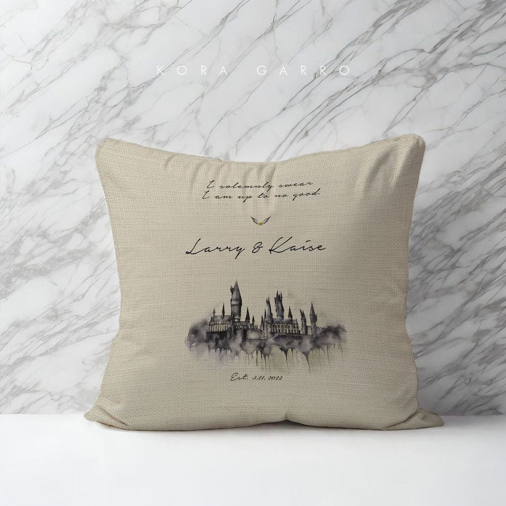 koragarro harry potter personalized pillow case, potterhead gift, hogwarts castle, harry potter quote, modern minimalist, couch cushion, cream