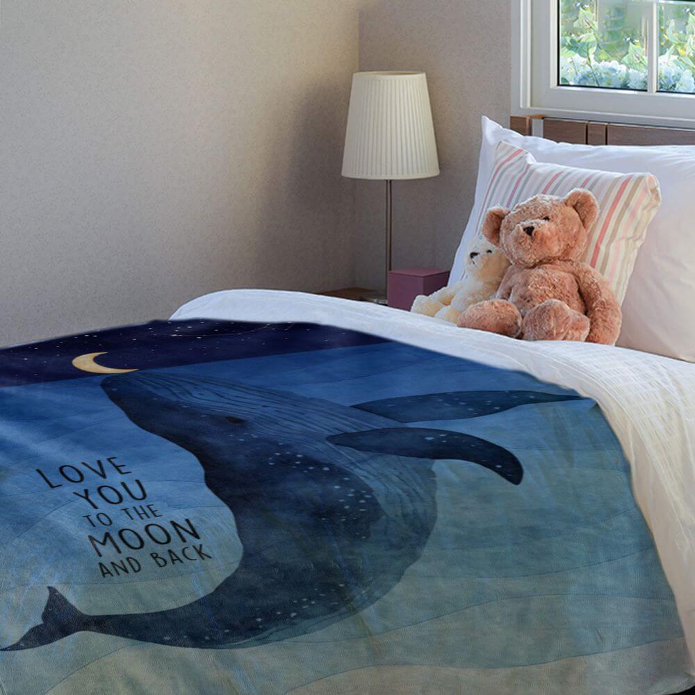 koragarro love you to the moon and back throw blanket, whale moon constellation blanket, blue, kids astronomy gift