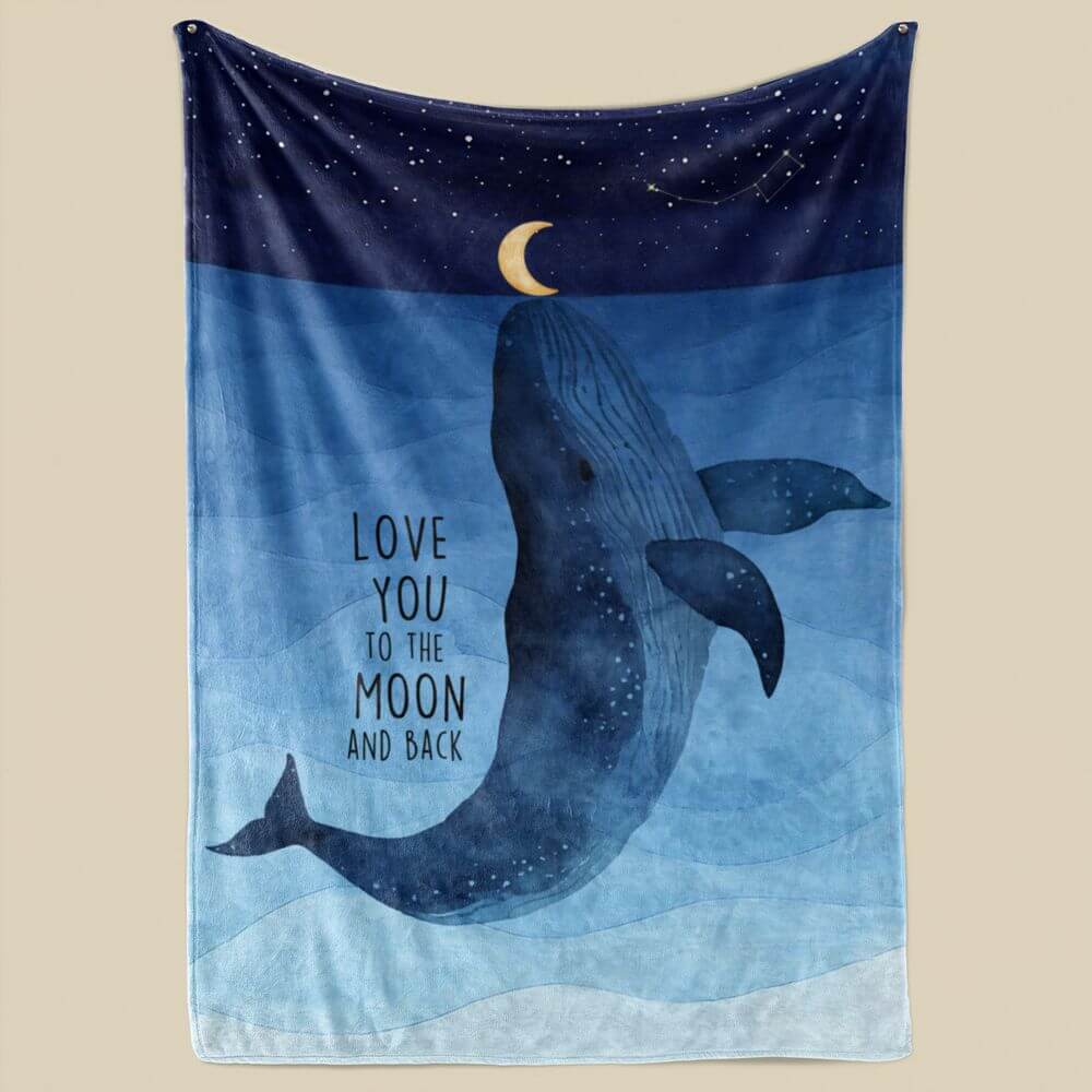 koragarro love you to the moon and back throw blanket, whale moon constellation fleece blanket, blue, kids astronomy gift