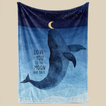 Load image into Gallery viewer, koragarro love you to the moon and back throw blanket, whale moon constellation fleece blanket, blue, kids astronomy gift