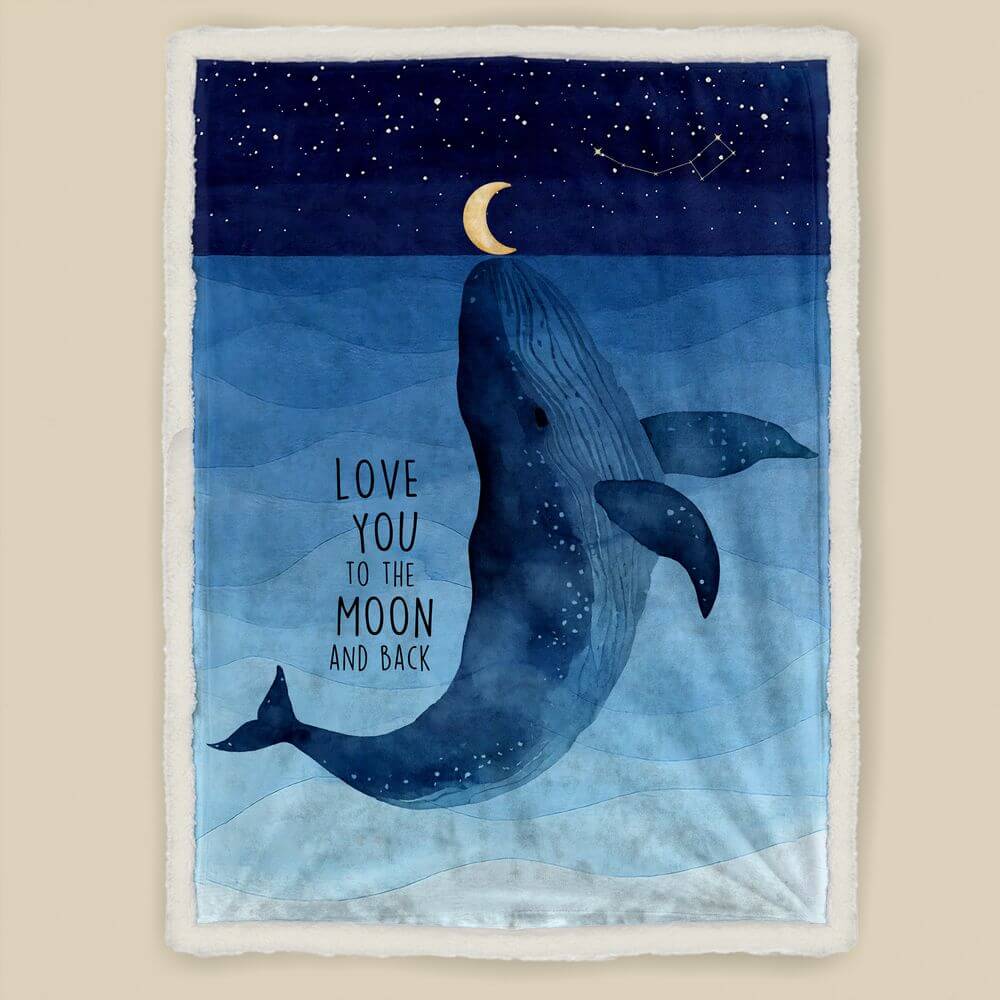 koragarro love you to the moon and back throw blanket, whale moon constellation sherpa blanket, blue, kids astronomy gift