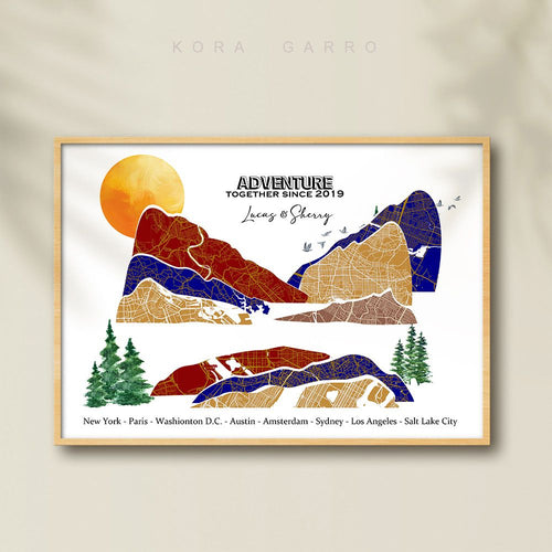 koragarro personalized map art, Adventure together Travel Map Print 3-15 locations mountain wall art, Wedding Anniversary Gift for couples, Custom Travel Poster