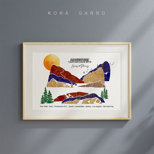 koragarro personalized map art, Adventure together Travel Map Print 3-15 locations mountain wall art, Wedding Anniversary Gift for couples, Custom Travel Poster