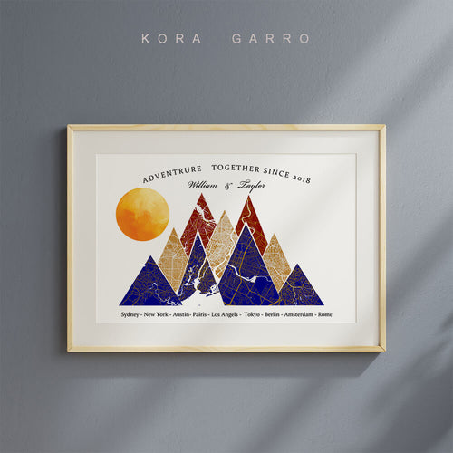 koragarro personalized map art, Adventure together Travel Map Print 3-15 locations mountain wall art, Wedding Anniversary Gift for couples, Custom Travel Poster, milestone map art