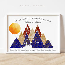 Load image into Gallery viewer, koragarro personalized map art, Adventure together Travel Map Print 3-15 locations mountain wall art, Wedding Anniversary Gift for couples, Custom Travel Poster, milestone map art