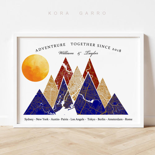 koragarro personalized map art, Adventure together Travel Map Print 3-15 locations mountain wall art, Wedding Anniversary Gift for couples, Custom Travel Poster, milestone map art