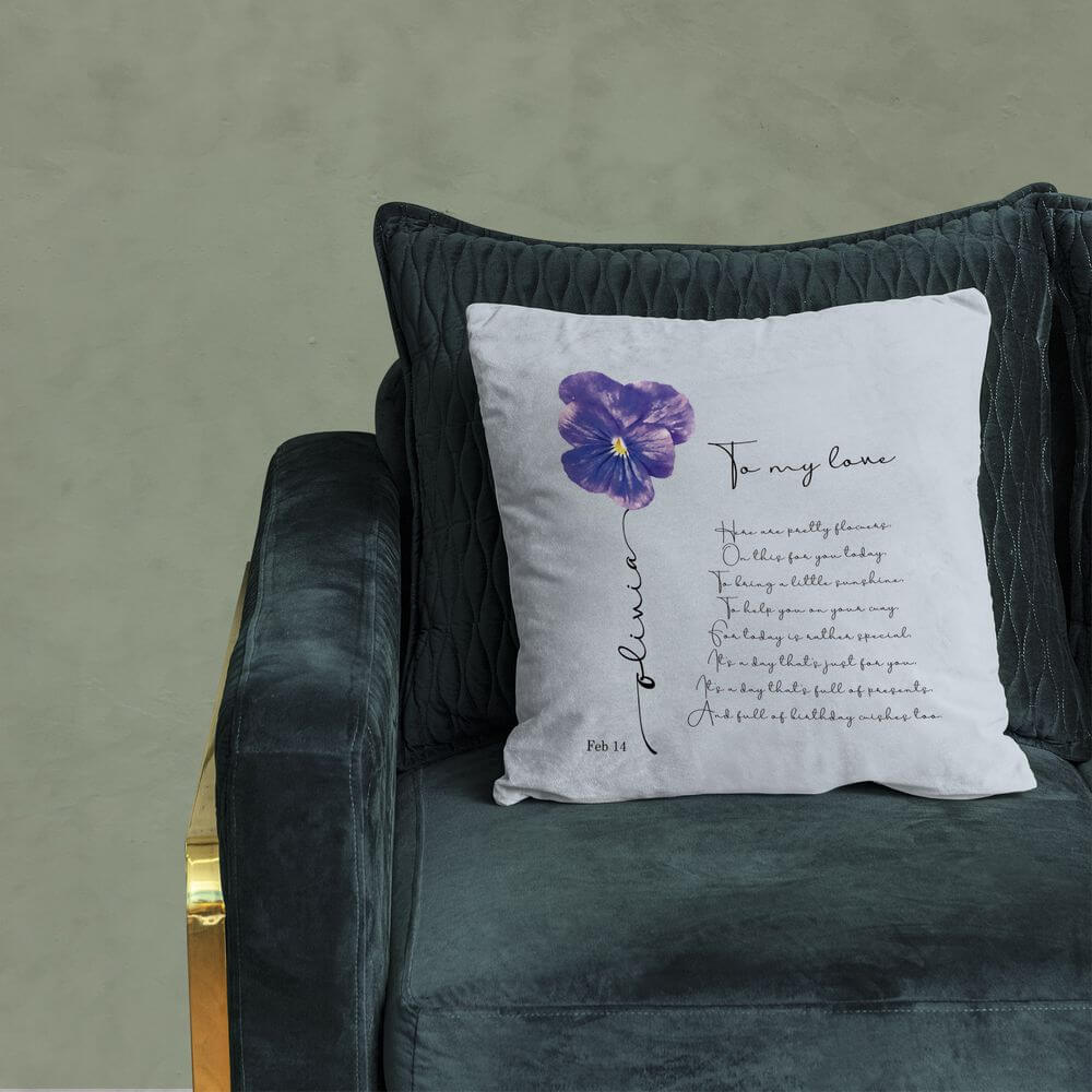 koragarro personalized February Birth gift-named birth Flower Cushion - Violet, Iris