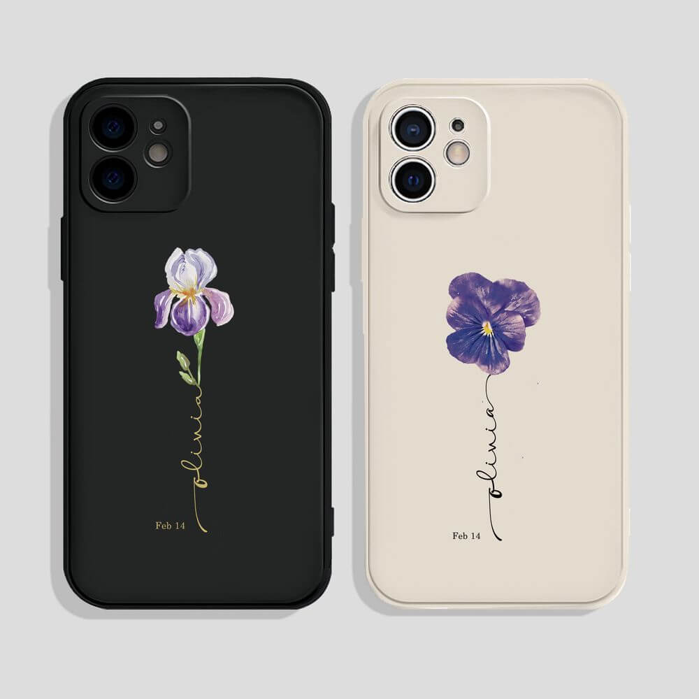 koragarro Feb Birth month flower phone case, named flower silicone phone cover, Feb birthday gift, Iris, Violet